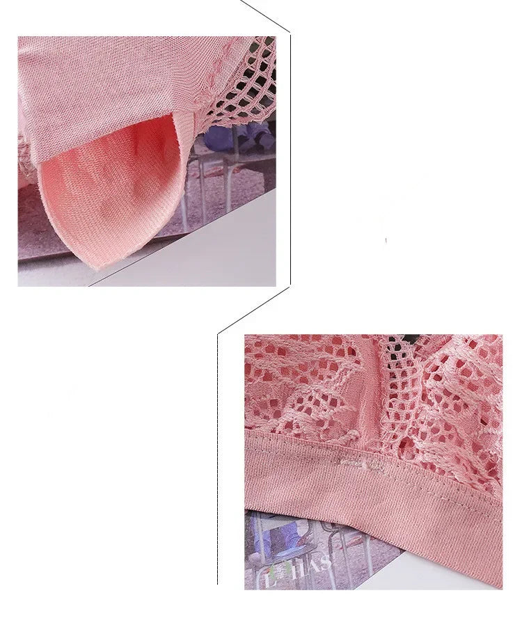 Women Scalloped Lace V Neck Padded Bra Fixed Non Adjustable Double Thin Strap Triangle Hollow Bralette One Size Underwear