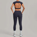 Women's Seamless Yoga Sets Sports Running High Waist Hip-lifting Pants Backless Short-sleeve Suits Workout Fitness Leggings Sets
