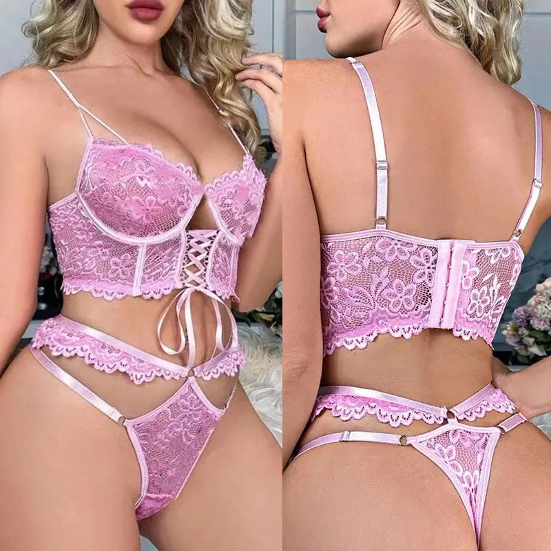 Women Intimates Sexy Bra & Panties Underwear Set Lace Splicing Perspective Sexy Lingerie Erotic 2-Piece Bra + Panty Set