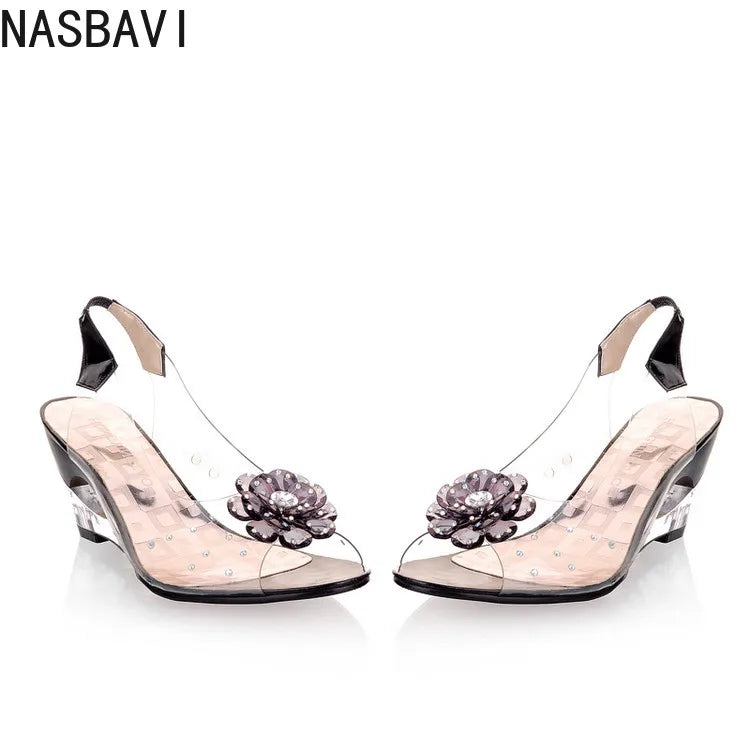 NASBAVI New Fashion Flower Transparent Sandals Wedge Women Shoes Large Size Sandals Women Size 34-43