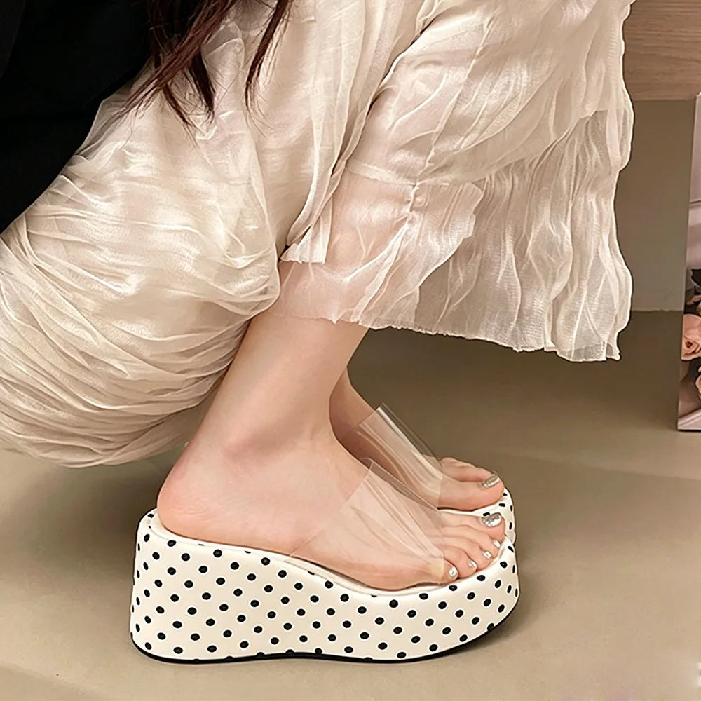 Transparent PVC Wedge Slide Mules Shoes Women Vintage Slip On Platform 7.5CM High Heel Leopard Print Polka Dot Summer Sandals