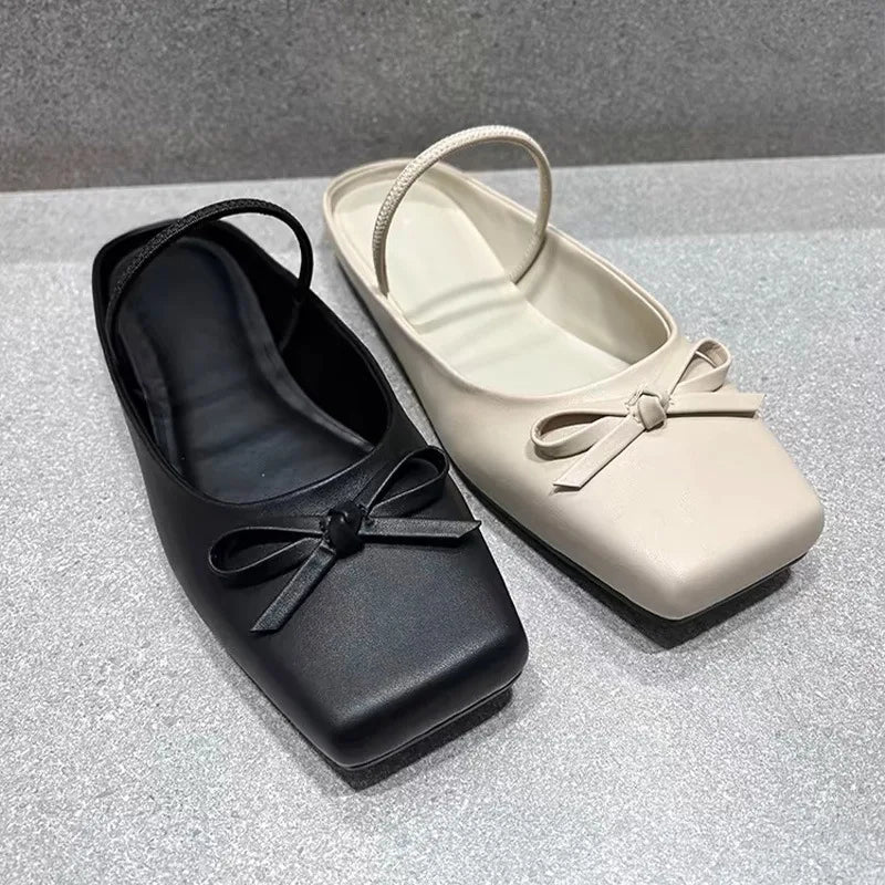2025 Summer Elegant Black Square Toe Ballet Flats Shoes Women Butterfly Knot Slip On Comfy Walking Mules Shoes Outdoor Slides