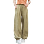 Solid Color Harem Trousers Women Casual Pants Elastic Waist Adjustable Drawstring Solid Color Wide Leg Trousers