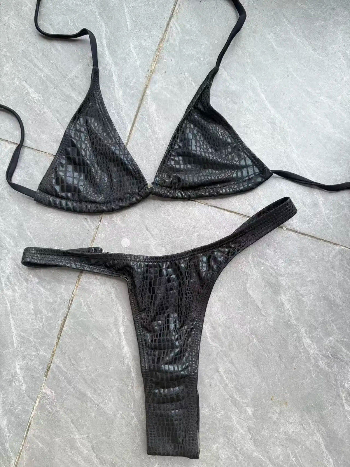 DEKA Luxury Diamond Back Thong Bikini Shiny Black Snakeskin Print Bikini Set Swimwear Women Swimsuit Beach Push Up Bathing Suit