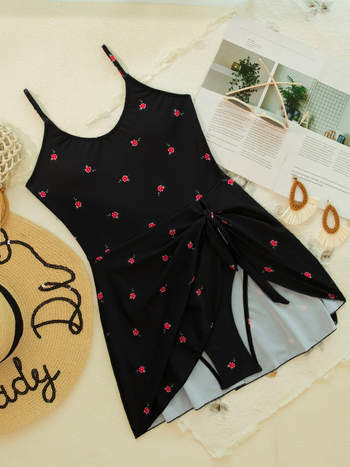 Vintage Black Floral Print Skirt Swimwear Women Halter Push Up Backless Bathing Suit Holiday One Piece Swimsuit 2026 Monokini