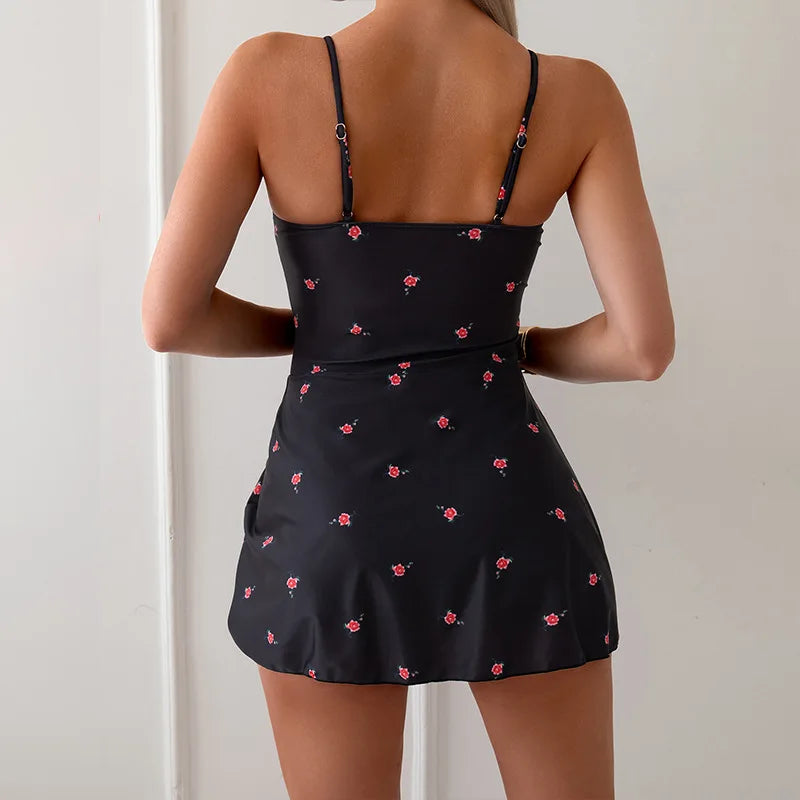 Vintage Black Floral Print Skirt Swimwear Women Halter Push Up Backless Bathing Suit Holiday One Piece Swimsuit 2026 Monokini