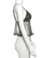 kliou Mesh Sequins Women Tops Summer Thin Shiny V-neck Backless Ruffle Trim Crop Camis Female Popular Hipster Sexy Streetwear