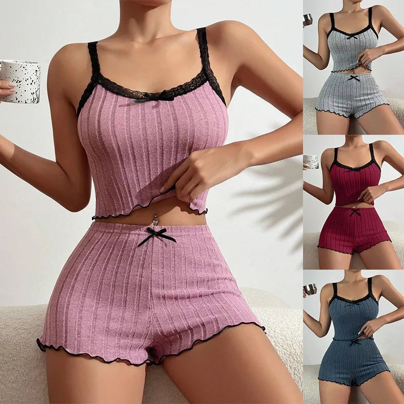 Summer New Womens Ribbed Knit Pajama Set Lace Trim Bow Cami Crop Top Lettuce Hem Shorts Loungewear Sleepwear Cute Soft 2 Piece