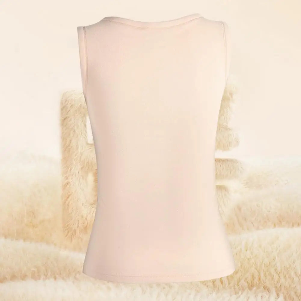 Women Thermal Vest Round Neck Sleeveless Thick Fleece Lining Bottom Vest Solid Color High-Elastic Fit Thermal Tops