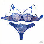 Royal Blue Floral Lace Lingerie Set Sheer Mesh Underwire Bra With Bow & Thong Women Sexy Underwear ZA824057