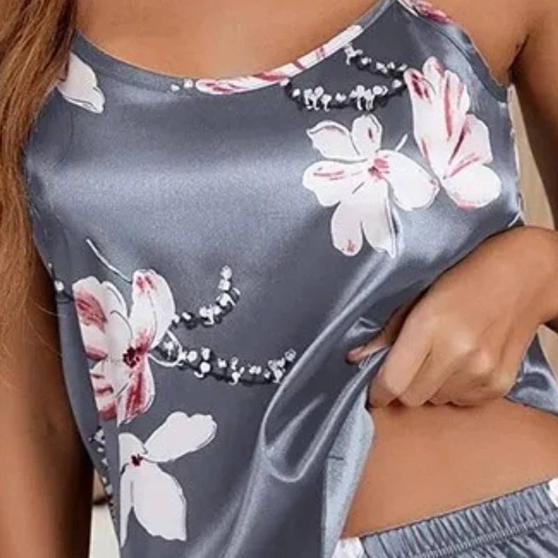 Women's Sleepwear Satin Pajama Set Summer Flower Print Pyjama Sexy Lingerie Women Sleeveless Nightwear Loungewear Home Clothing