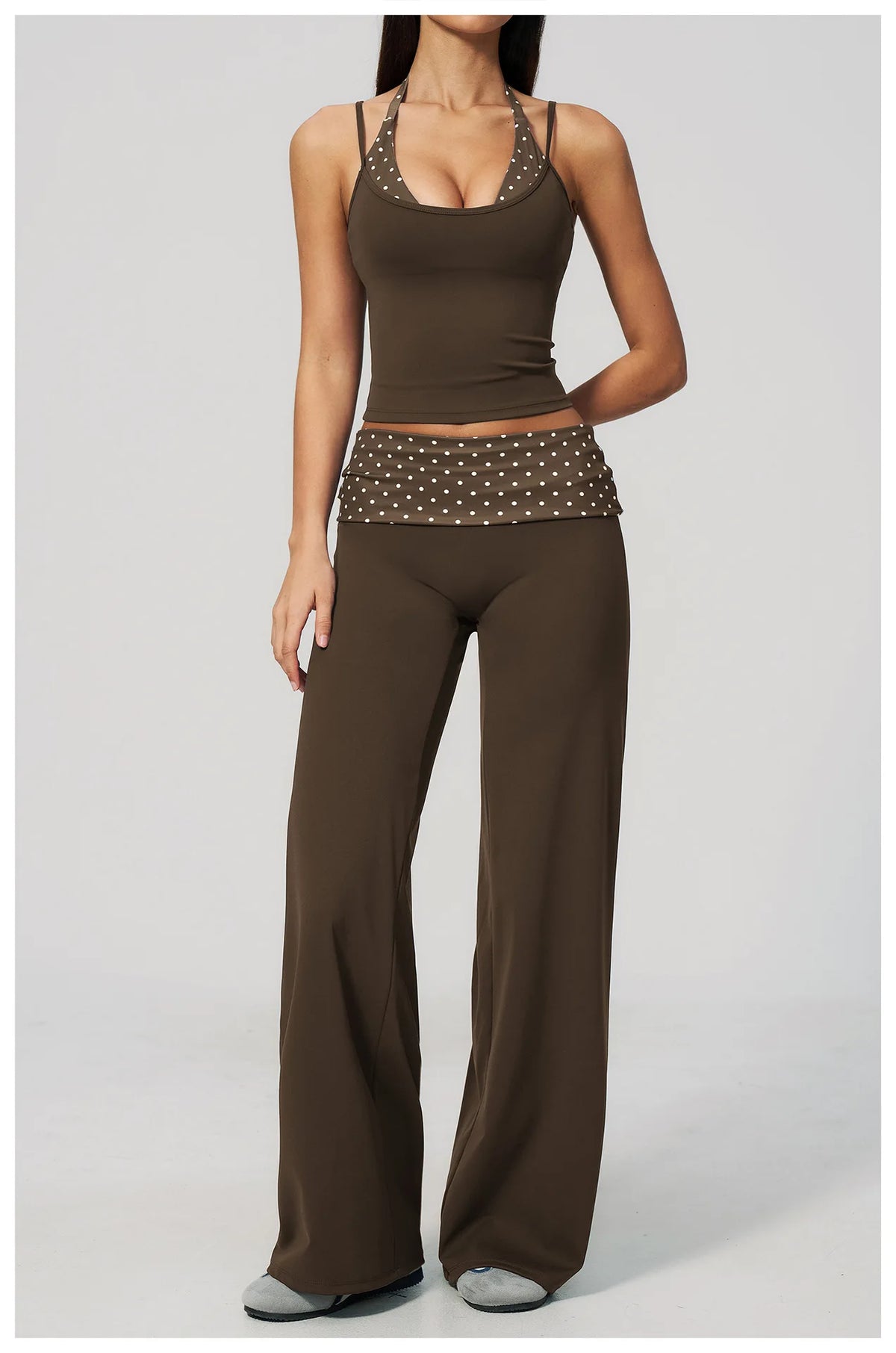 Women's 2 Piece Yoga Set Halter Neck Crop Top Fold Over Waist Wide Legged Flare Trousers Polka Dot Striped Gym Workout Running