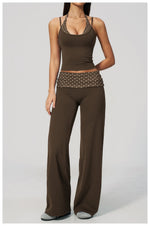 Women's 2 Piece Yoga Set Halter Neck Crop Top Fold Over Waist Wide Legged Flare Trousers Polka Dot Striped Gym Workout Running