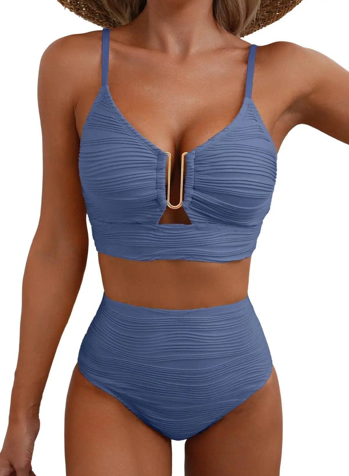Women's New Swimsuit Bikini Set Fashion Sexy V-neck Hollow Swimsuit High Waist Textured Ruffled Swimsuit Women's Bikini Women