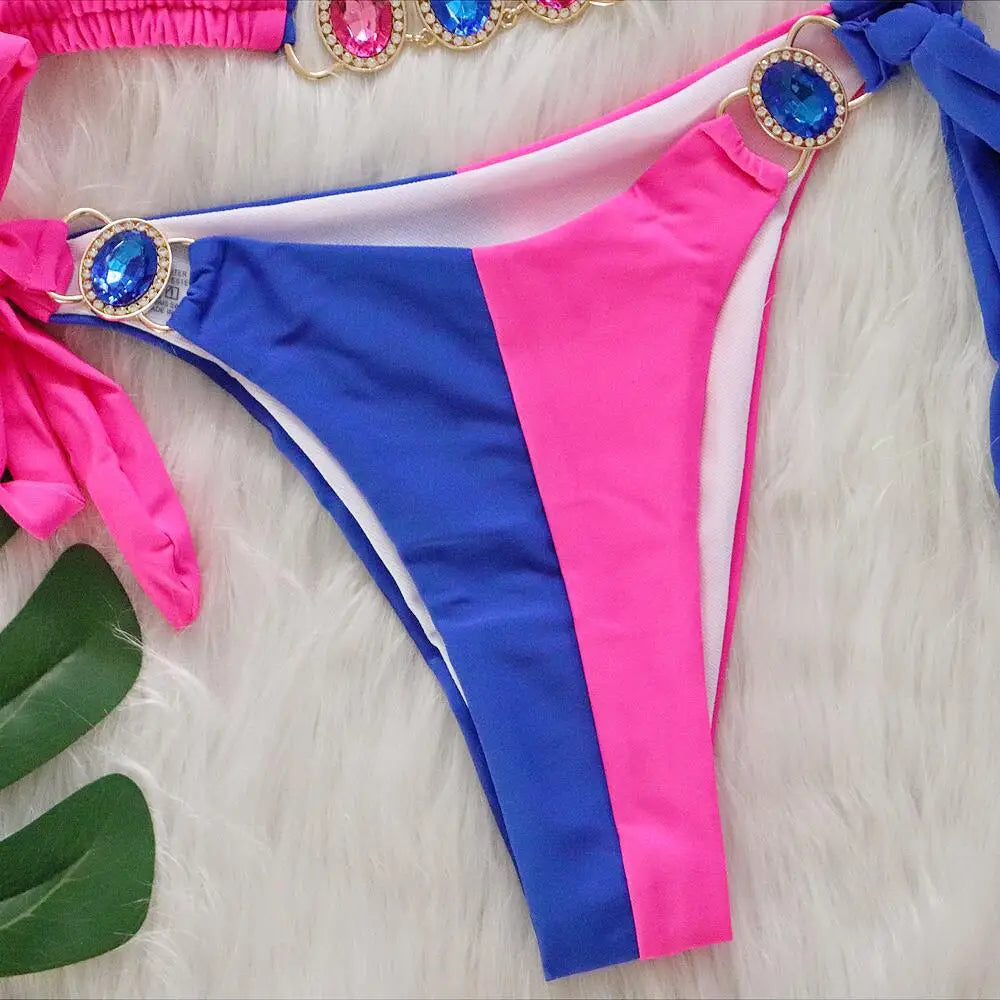 DEKA Splicing Halter Jewelled Diamond Bikini Women Swimsuit Female Swimwear Two Pieces Bikini Set Hollow Out Bathing Suit