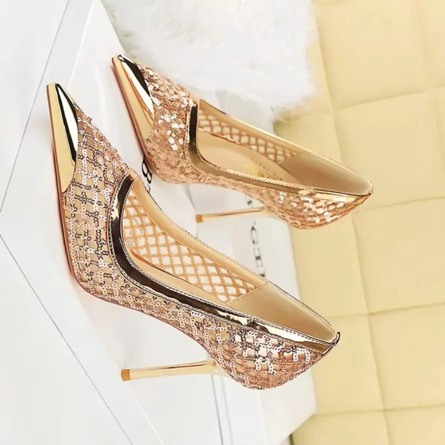 BIGTREE 2026 Fashion Metal Decoration Mesh Hollow Pointed Toe Woman Pumps Thin Heels Party Ladies Shoes Zapatillas De Mujer
