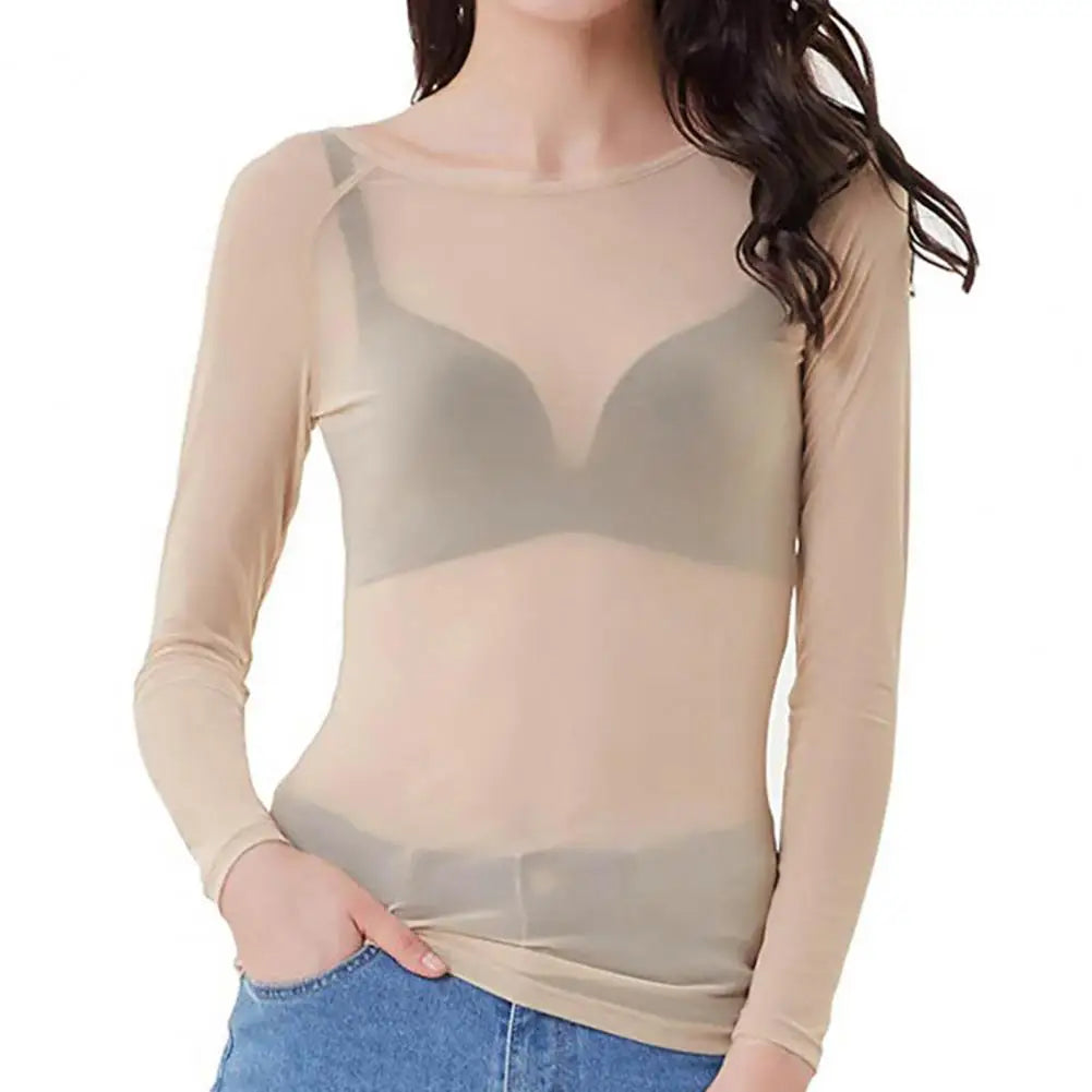 See-through Black Mesh Pullover Tops Women Sexy Skinny Tops O-Neck Long Sleeve Transparent Punk Club Tee Shirt