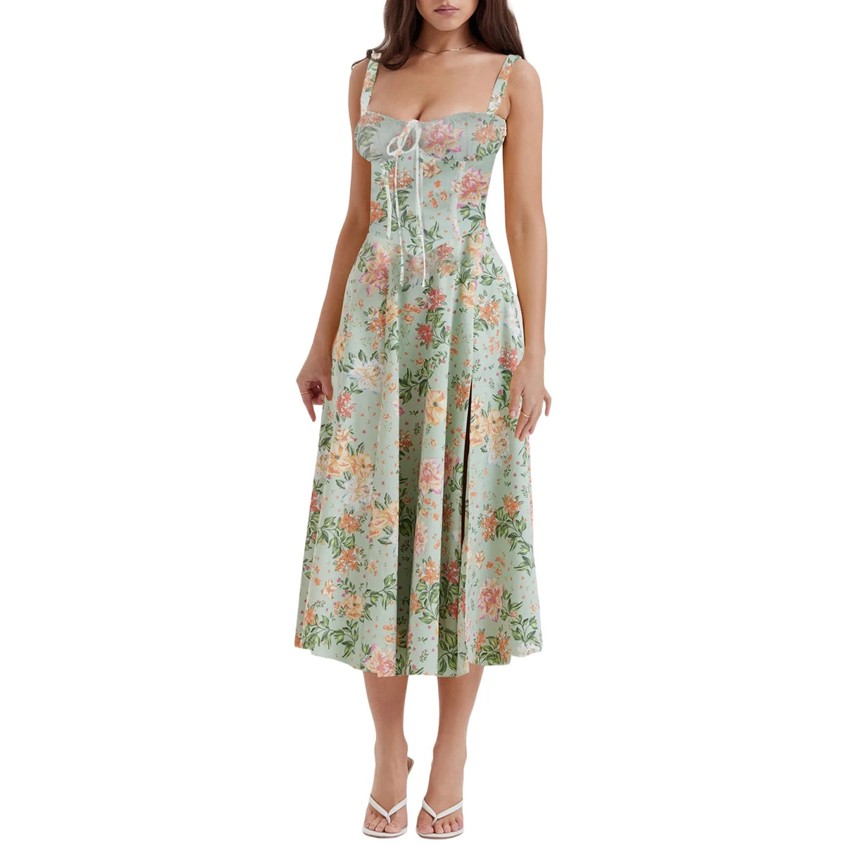 Sexy Low Cut Spaghetti Strap Maxi Dresses For Women Color Flower Printed Chest Wrap Bowknot Leace-up Long Dress Elegant Vestidos