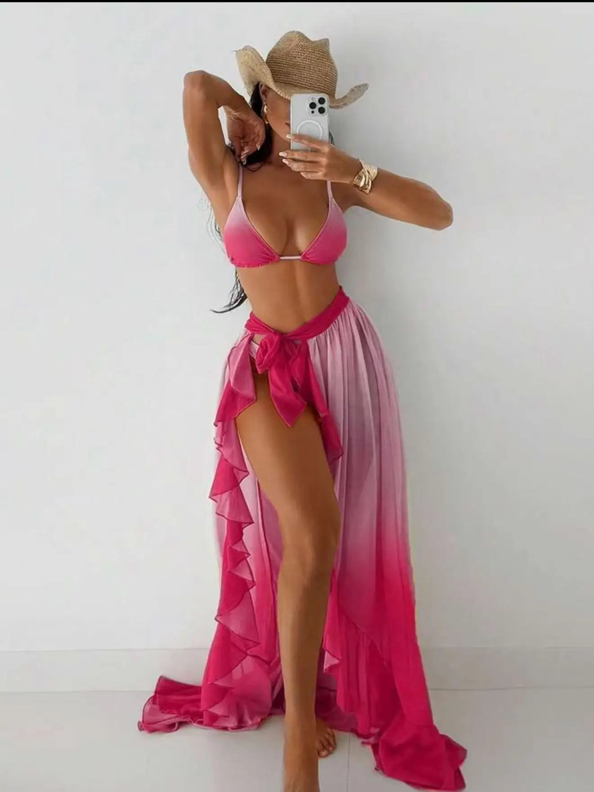 Sexy Green Tie Dye Gradient Bikini Set Women Mesh Split Long Skirt 3 Piece Swimsuit 2026 Bathing Suit Holiday Swimwear Biquini