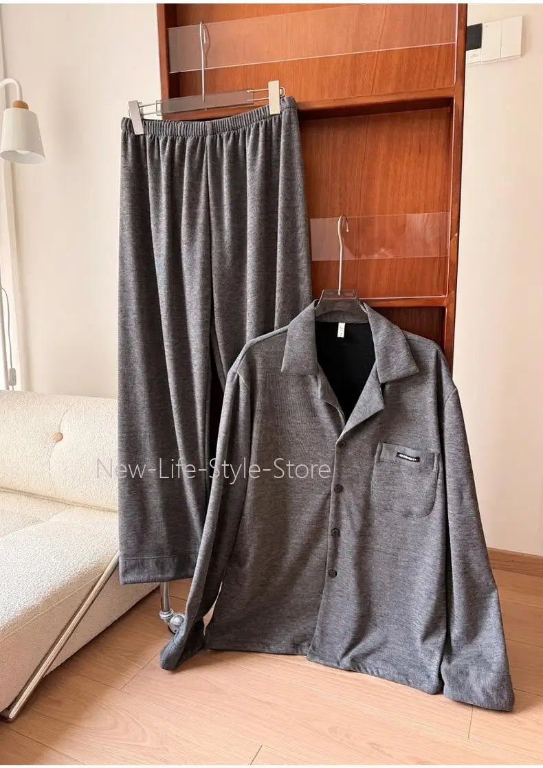 Autumn Winter Solid Color Soft Skin Friendly Fleece Warm Two Piece Homewear Sleepwear Women Dralon Couple Pajamas