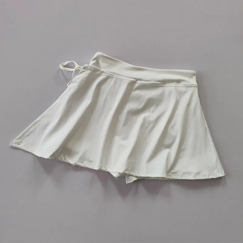 Women's sports yoga short skirt, badminton tennis skirt pants with inner pockets and side slit straps