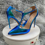 Green Snake Print High Heels Hollow Design 12cm Stiletto Women's Fashion Shoes