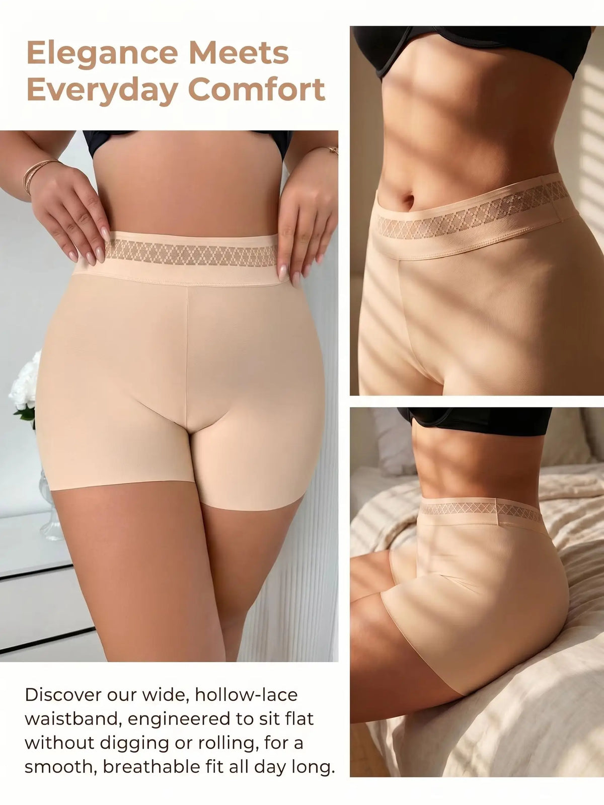 High Traceless Panties Lace Waistband Stay Flat Anti Rolling Soft Stretch Underwear Breathable Nude Briefs CX001