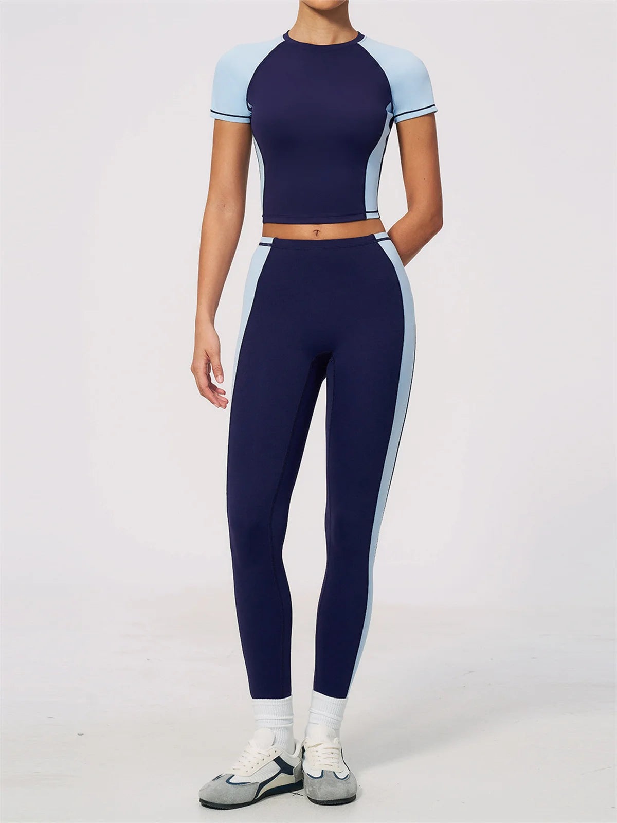Nake Yoga Set Women's Tracksuit Color Contrast Short Sleeve Slim Sports T Shirts High Waist Leggings Fitness Clothes Gym Outfits