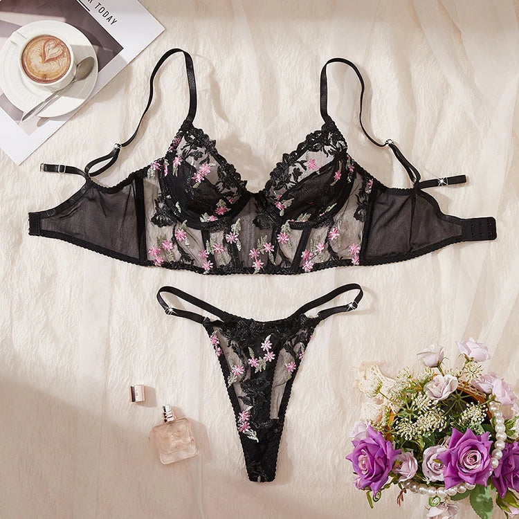 Women Black Mesh Lingerie Set Floral Embroidery Fishbone Bustier Top&Thong 2 Pcs Underwear Sexy Intimate Female Push Up Bra Set