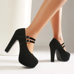 Sexy Black Faux Suede Double Buckle Straps Platform Mary Jane Pumps High Heels Wedding Club Daily Dress Shoes Women Plus Size 48