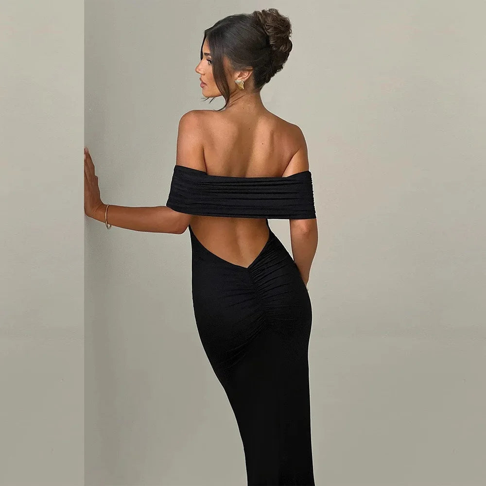 Temperament Slim Strapless Long Dress Women Solid Color Sexy Off-shoulder Backless Package Hip Sleeveless Club Party Dresses