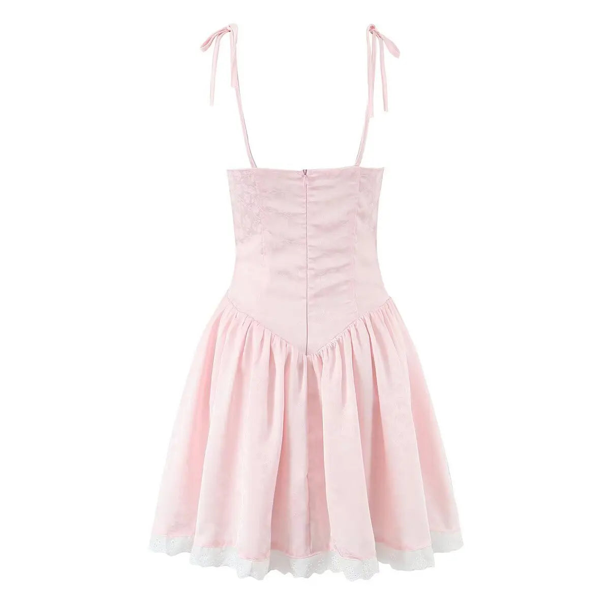 Women's Dark Pattern Bow Cute Sweet Princess Dress White And Pink Strap Mini Dress With Lace Trim Bow And Flared Ruffle Hem SK6A