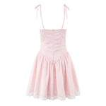 Women's Dark Pattern Bow Cute Sweet Princess Dress White And Pink Strap Mini Dress With Lace Trim Bow And Flared Ruffle Hem SK6A