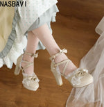 New Lolita Japanese Pearl Bow Sweet Cute Strap 9cm High Heeled Round Head Student Shoes Girls Vintage Sandals Single shoes 33-46