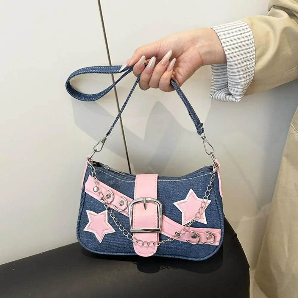 Fashion Women's Handbags Denim Stars Pattern Cool Girls Underarm Bag Female Small Shoulder Hobo Bags Chain Tote Bag