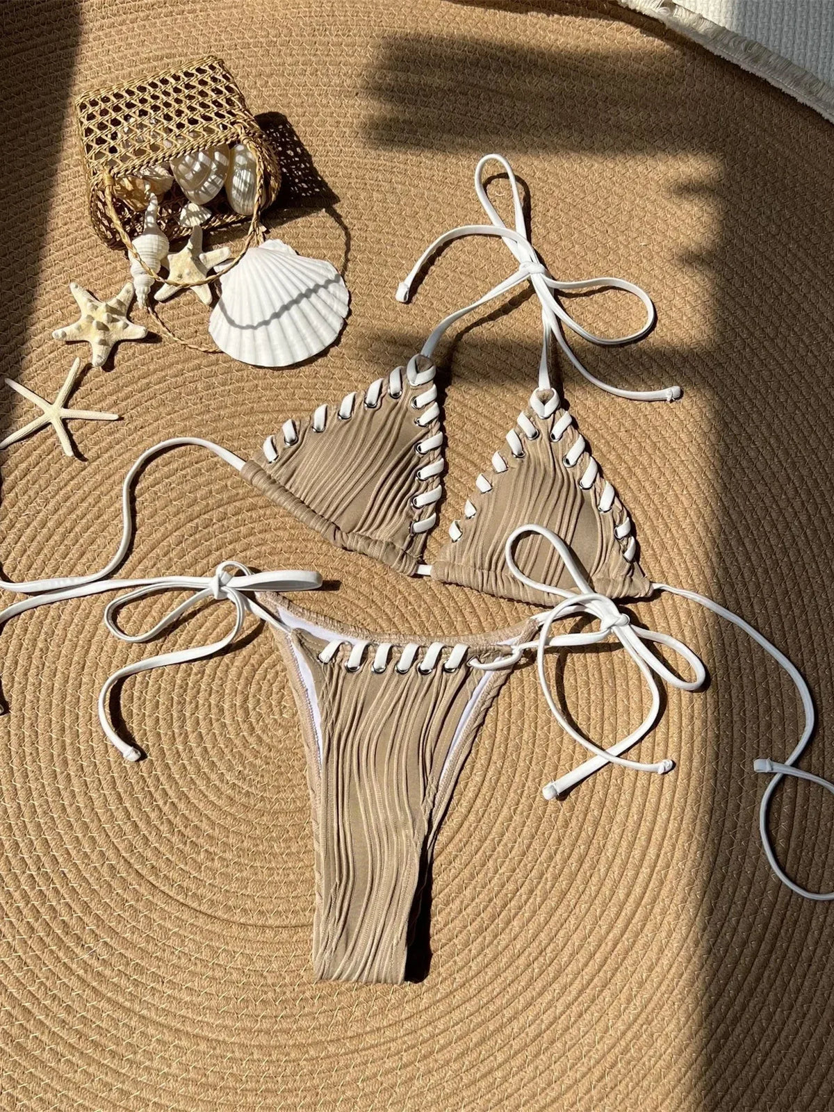 Sexy Micro Bikini 2025 Women Beige Brown Pink Weave Bandage Cross Crochet Swimsuit Brazilian Beach Bathing Suit Thong Swimwear