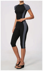 Color Blocking 2PCS Yoga Set Women's Tracksuit Short Sleeve O Neck Sports T Shirts High Waist Cropped Pants Tight Fitness Suits