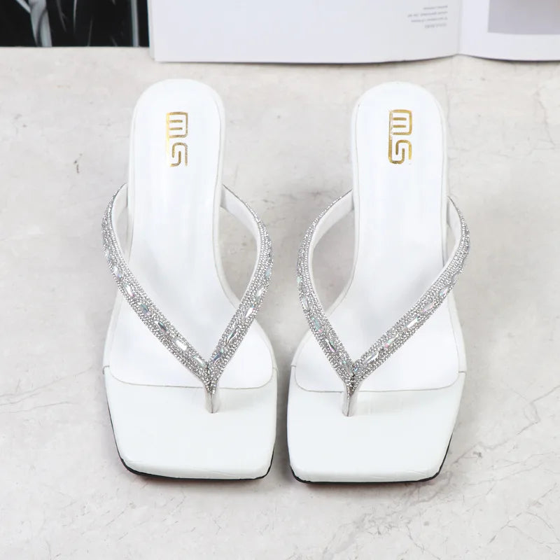 2025 Summer Flip Flops Crystal Slides Women 8cm High Heels Mules Crystal Glitter Block Low Heels Slippers Glitter Platform Shoes