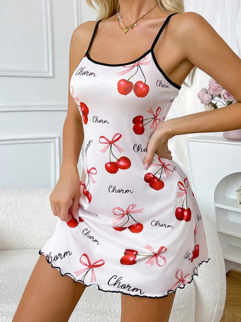 Valentine's Day Cherry Printed Slip Nightdress Women Sexy Sleepwear Straps Sleep Mini Dress Nighties Nightgown Loungewear