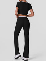 Summer Quick Drying Yoga Sets Women Black Patchwork Short Sleeve Cross Neck Sports Top High Waist Flared Pants Fitness Suits