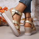 Fashion Gold Wedge Heel Sandals Women 2025 Cross Band Summer Platform Sandles Woman Plus Size Thick Bottom Rome Shoes Female
