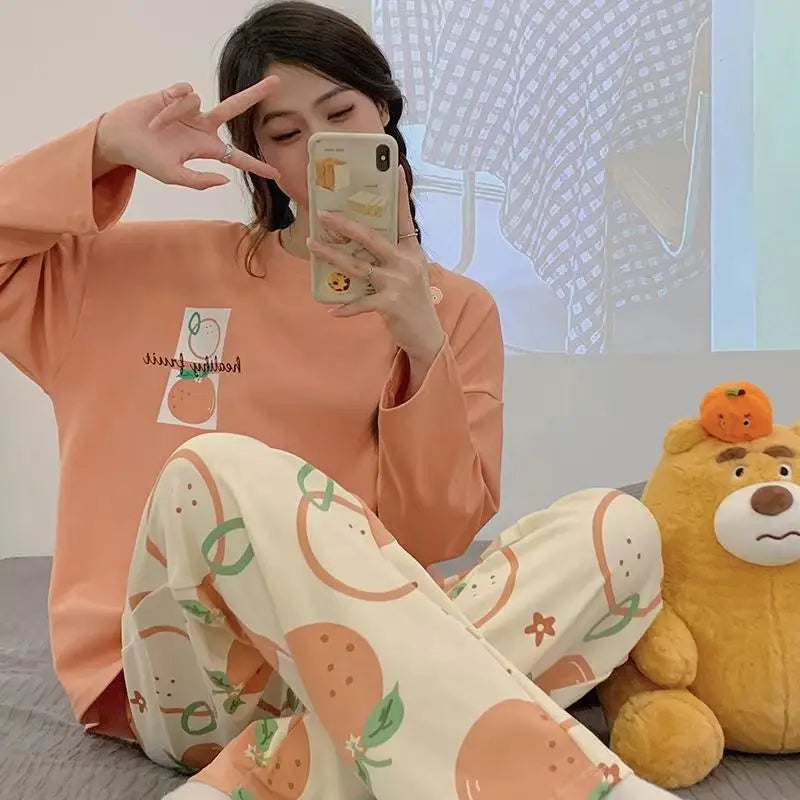 New Women's Spring and Autumn Fashion Cartoon Casual Pajamas, Thin Winter Homewear, Plus-Size Simple and Loose Teenage Pajama Se