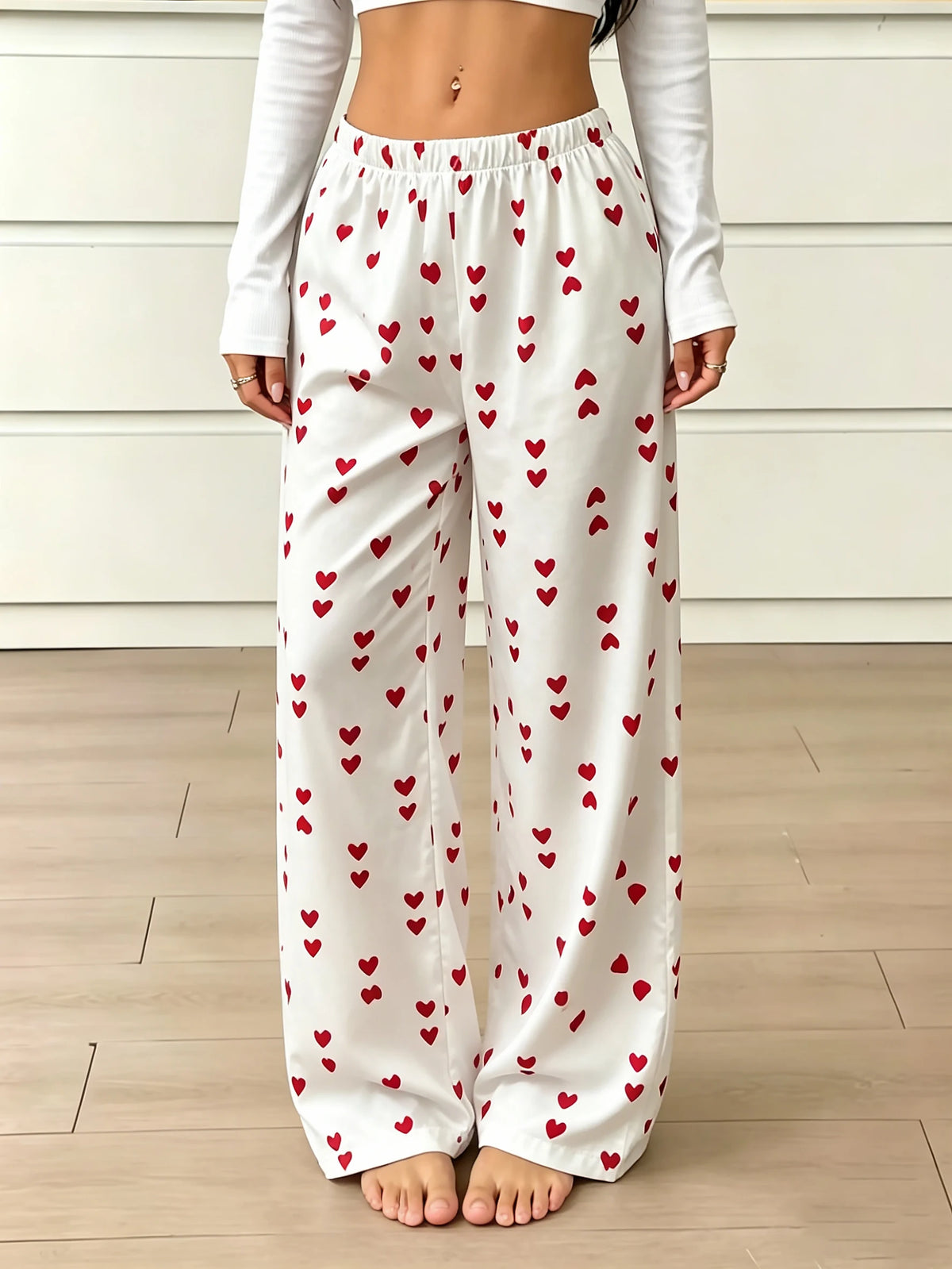 New Summer Women Satin Pajama Pants Cute Heart Pattern Elastic Waist Loose Long Sleepwear Trousers Comfortable Home Lounge Pants