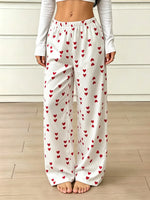 New Summer Women Satin Pajama Pants Cute Heart Pattern Elastic Waist Loose Long Sleepwear Trousers Comfortable Home Lounge Pants