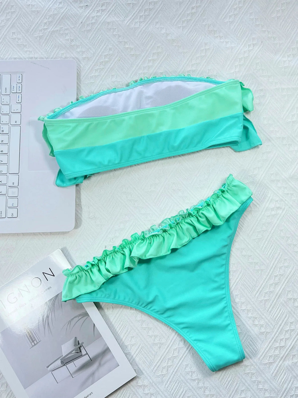 Ruffle Block Color Bikini Set Women 2026 Sexy Strapless Off-Shoulder Swimsuit Sexy High Waist Backless Bathing Suit Beachwear