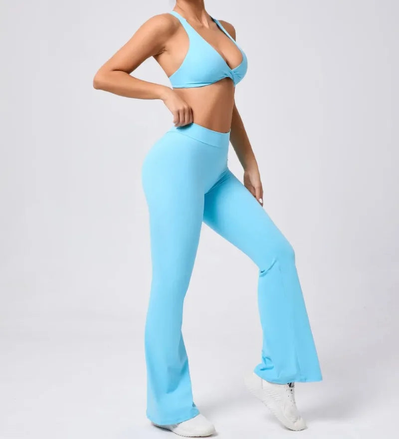 Women's Seamless Yoga Sets Brushed Fabric Flared Hip-Lifting Pants Cross Beauty Back Bra Suits Gym Workout Fitness Training Sets