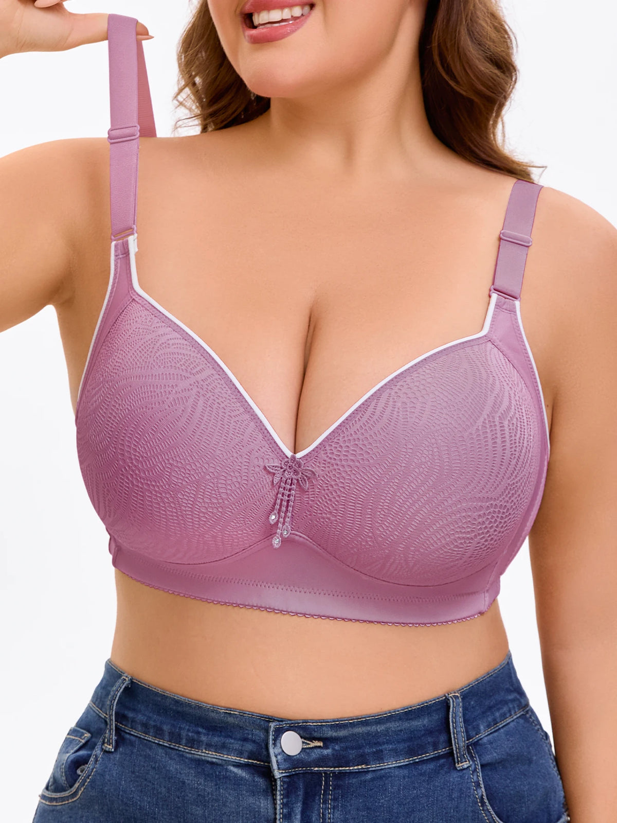 Plus Size Full Coverage Wireless Bra Comfortable Support Fixed Padded Adjustable Wide Strap V-Neck Contrast Trim Pendant
