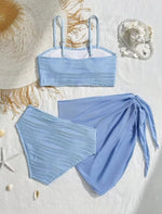 New Shell Starfish 3 Pieces Bandeau Bikini Set Swimsuit Women Blue Swimwear with Sarong Skirts Swim Dress Beachwear Bathing Suit