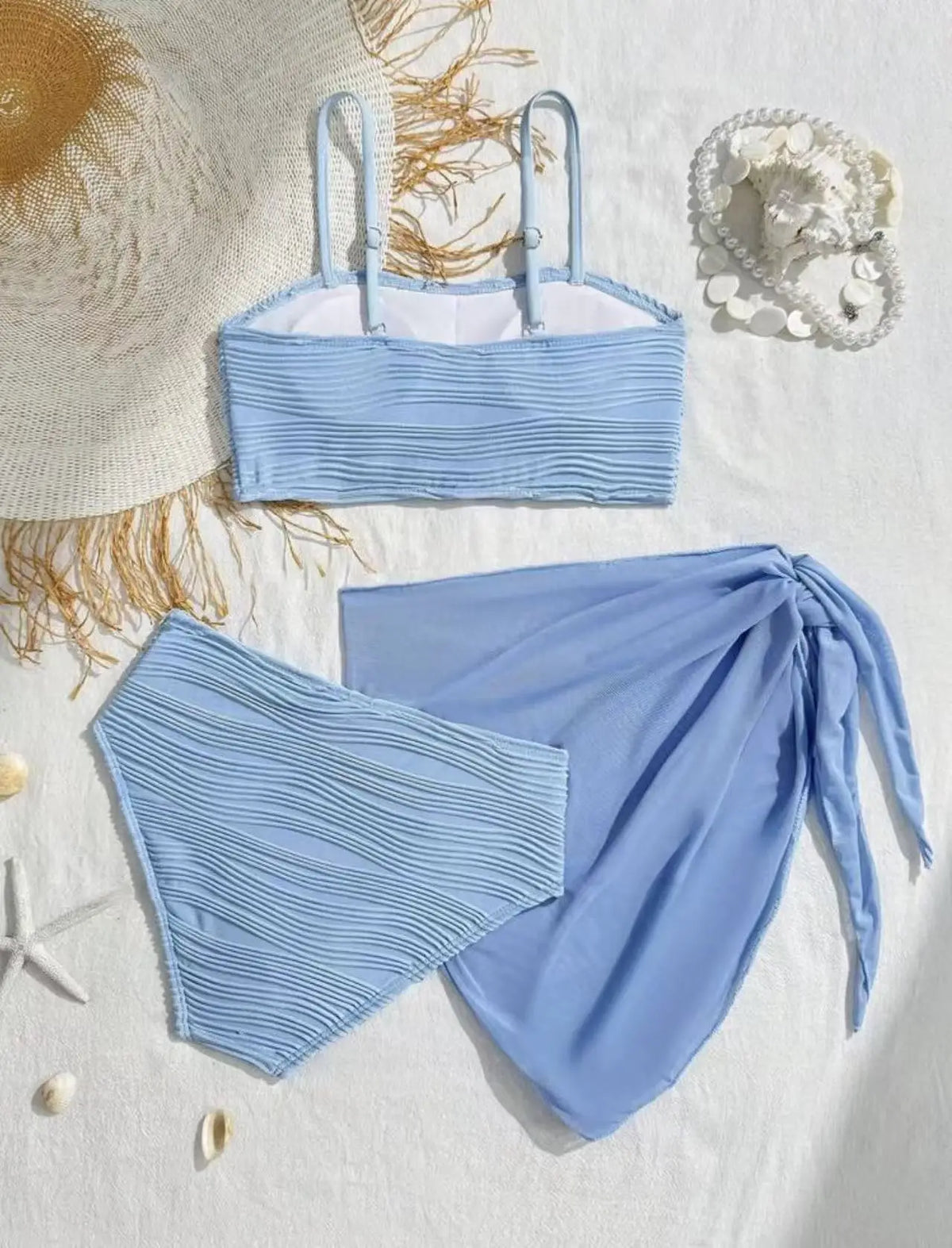 New Shell Starfish 3 Pieces Bandeau Bikini Set Swimsuit Women Blue Swimwear with Sarong Skirts Swim Dress Beachwear Bathing Suit