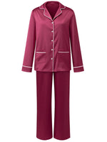 Women's Satin Two Pieces Pajama Sets Fashionable Contrast Color Trim Long Sleeve Button Down Tops with Pants Soft Sleepwear